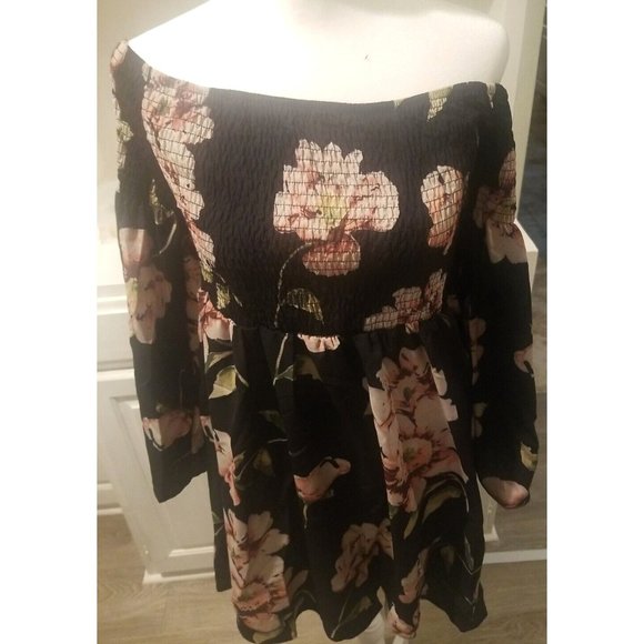 ONEYIM Women's Mini Dress Sz L Floral Long Sleeve Off Shoulder Casual - Picture 2 of 4